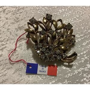 Gold-tone flower bouquet sparkly rhinestone brooch made in France